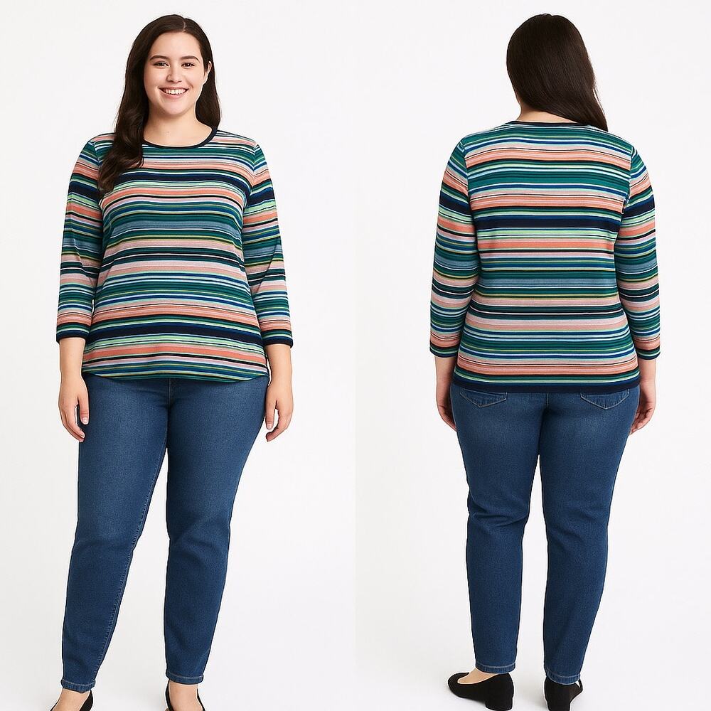 Talbots Woman 3X Petite 100% Cotton Multicolor Stripe Knit Top Casual Chic‎